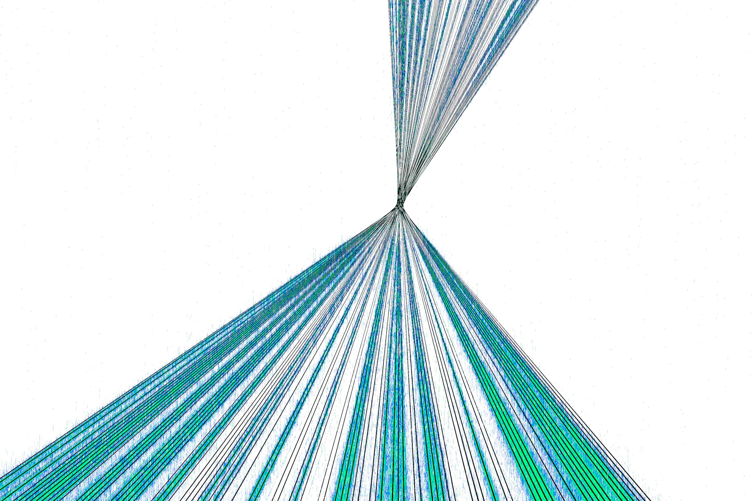 Abstract blue and green lines converging through a release process