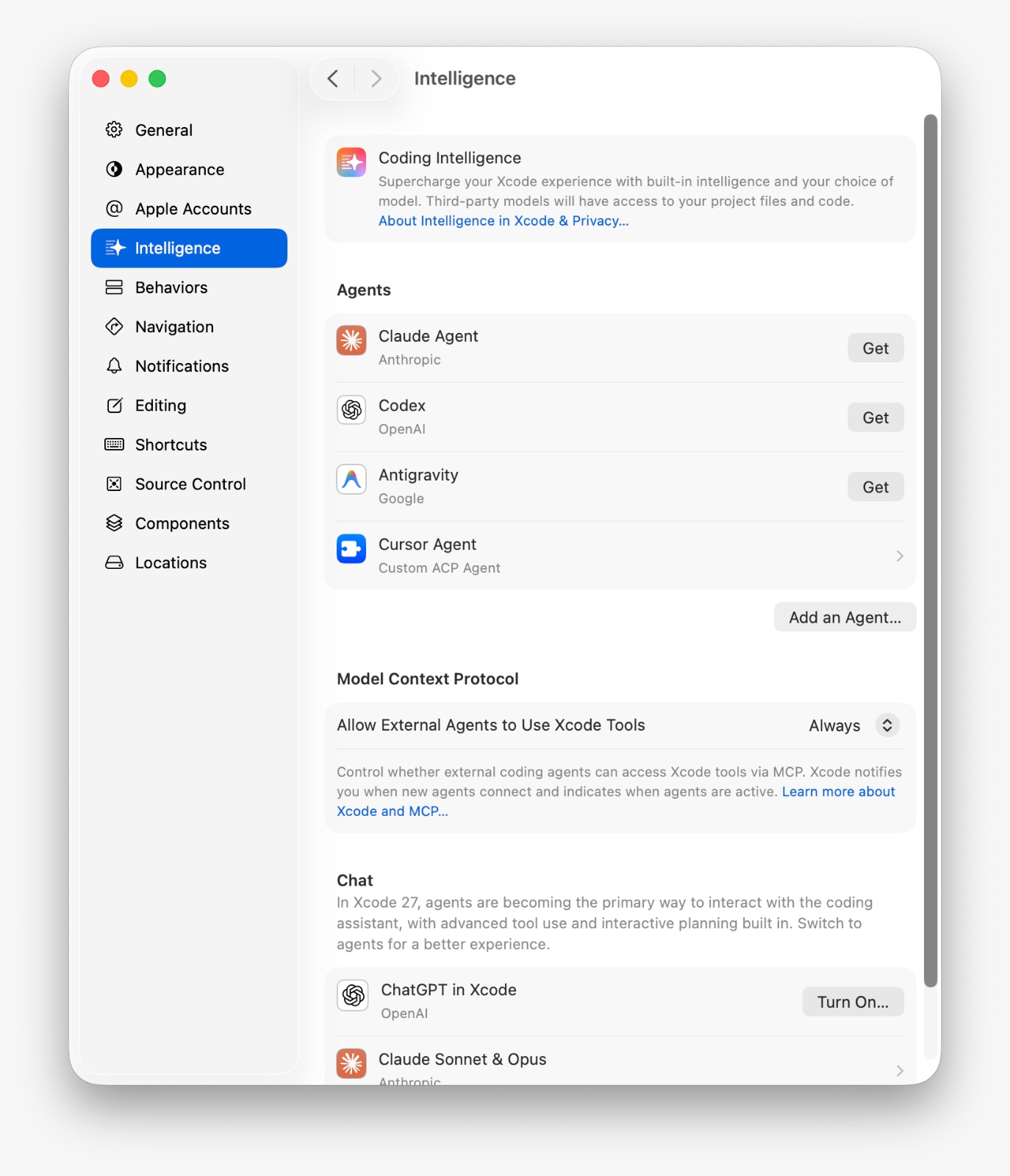 Xcode Intelligence settings with the Allow external agents to use Xcode tools toggle enabled